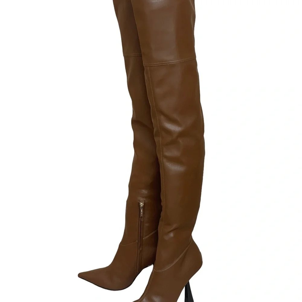 JIMMY CHOO Bryson 100 Tan Stretch Bonded Fabric Over-The-Knee‎ Boots Tan SZ 35.5